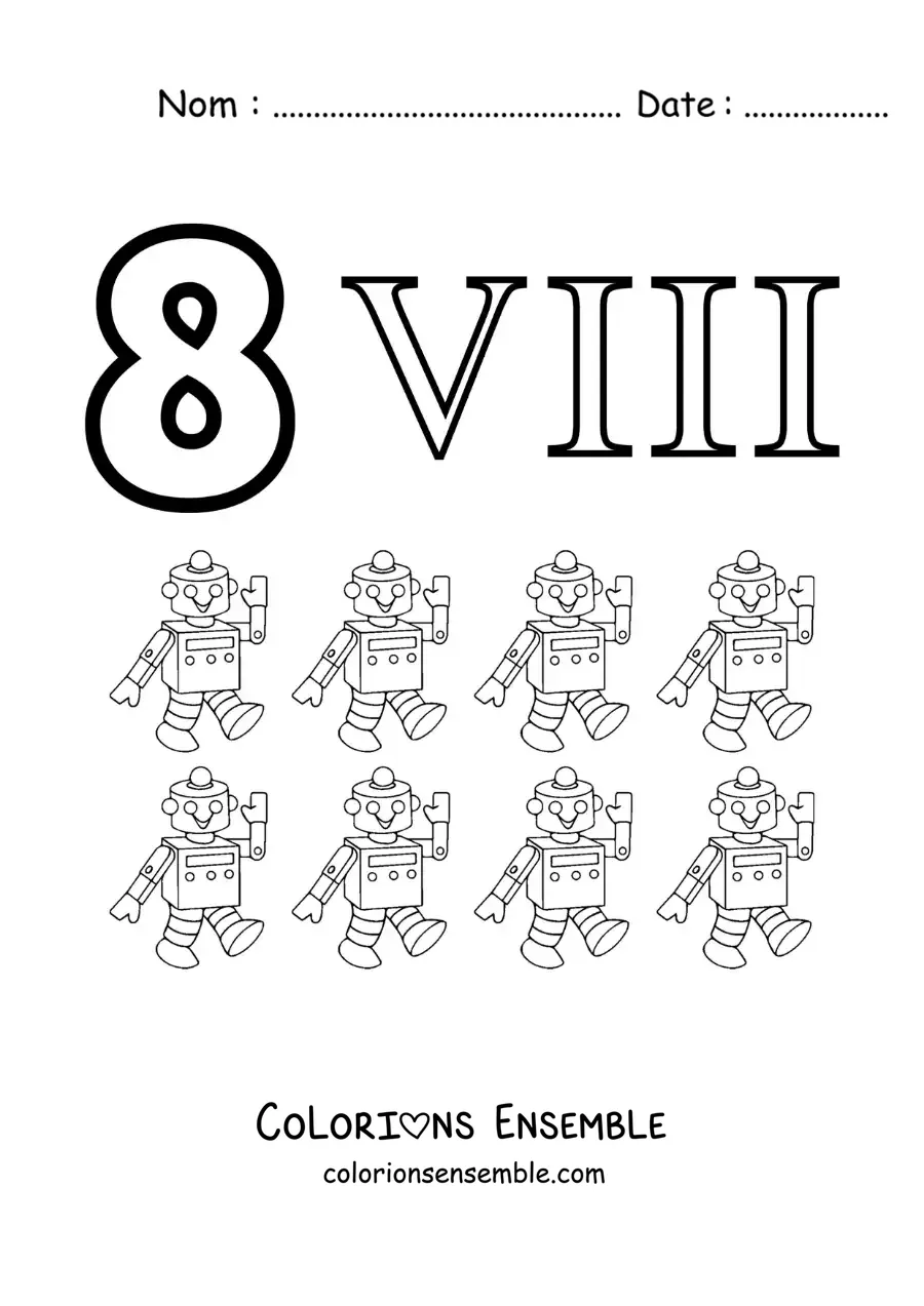 Image à colorier de la fiche du chiffre 8 en chiffres romains avec des dessins animés