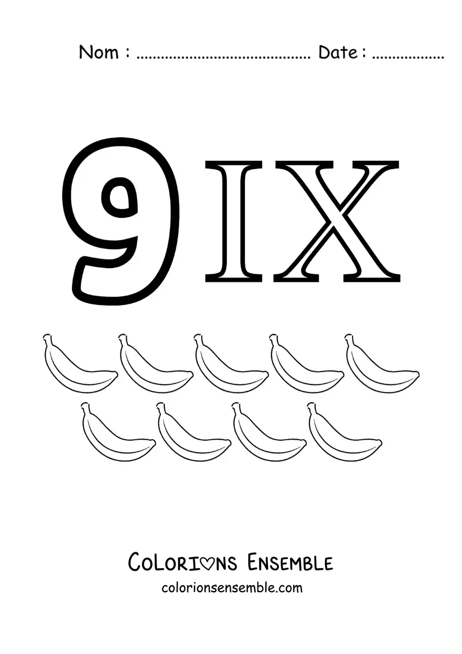 Image à colorier de la fiche du chiffre 9 en chiffres romains avec des dessins animés