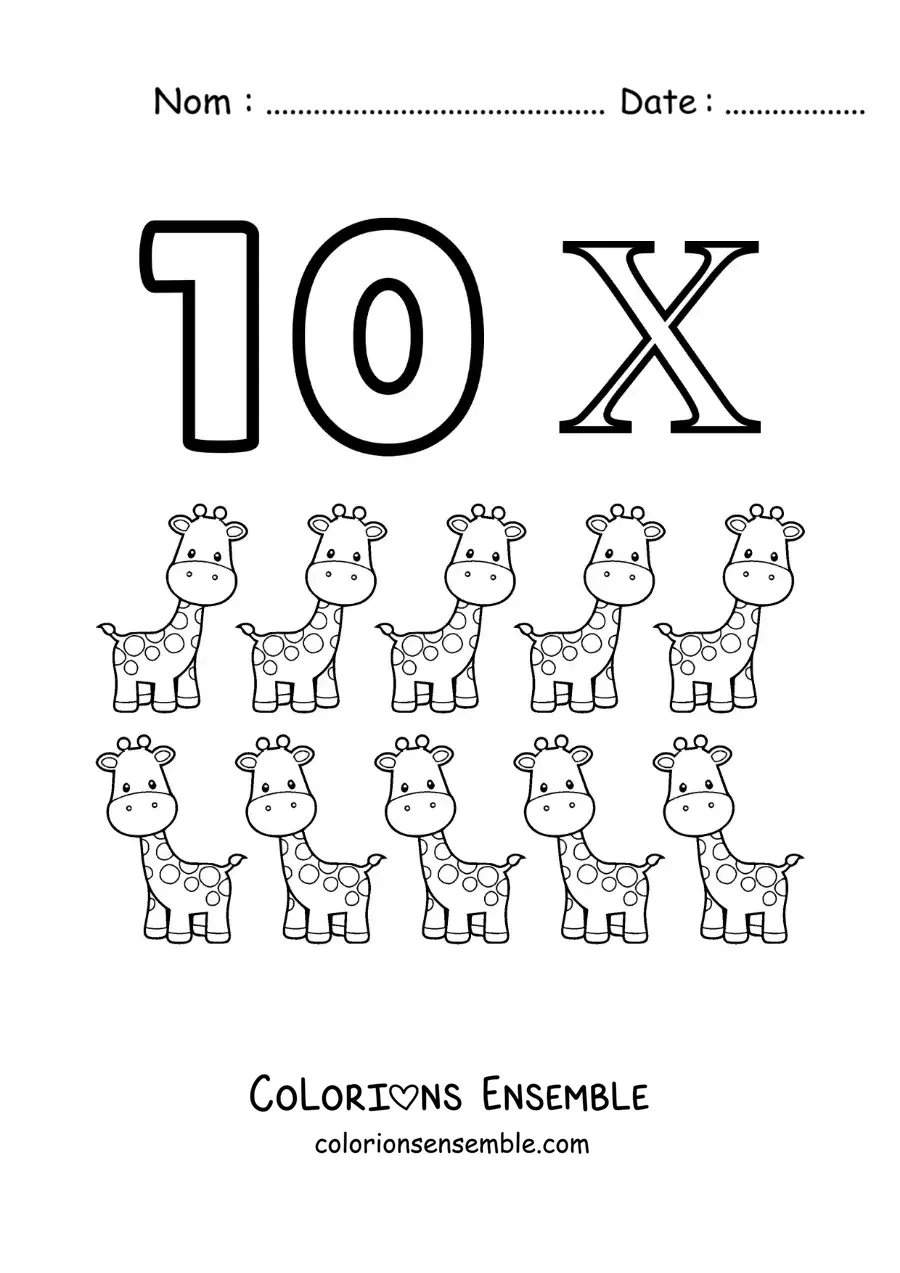 Image à colorier de la fiche du chiffre 10 en chiffres romains avec des dessins animés