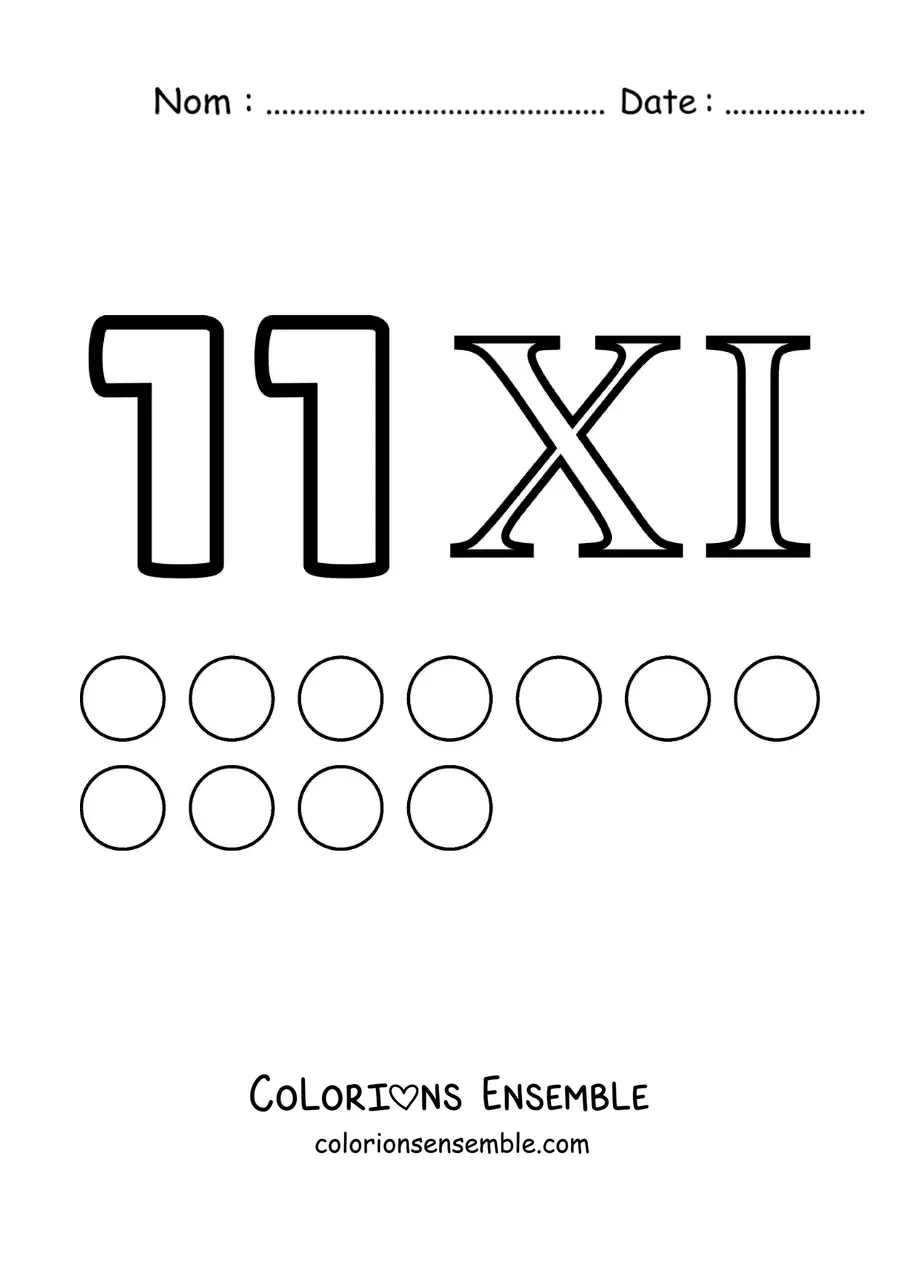 Image à colorier de la fiche du chiffre 11 en chiffres romains avec des dessins animés