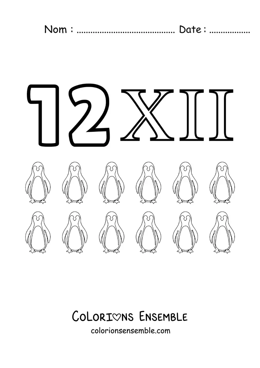 Image à colorier de la fiche du chiffre 12 en chiffres romains avec des dessins animés