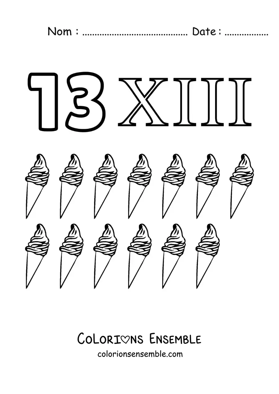 Image à colorier de la fiche du chiffre 13 en chiffres romains avec des dessins animés