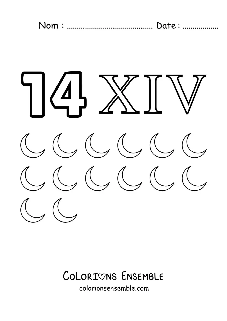 Image à colorier de la fiche du chiffre 14 en chiffres romains avec des dessins animés