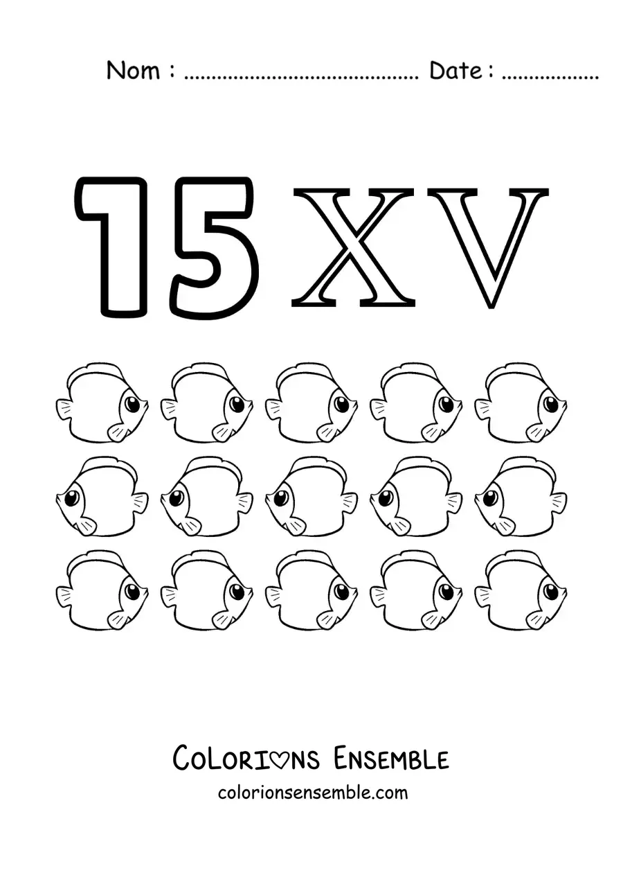 Image à colorier de la fiche du chiffre 15 en chiffres romains avec des dessins animés