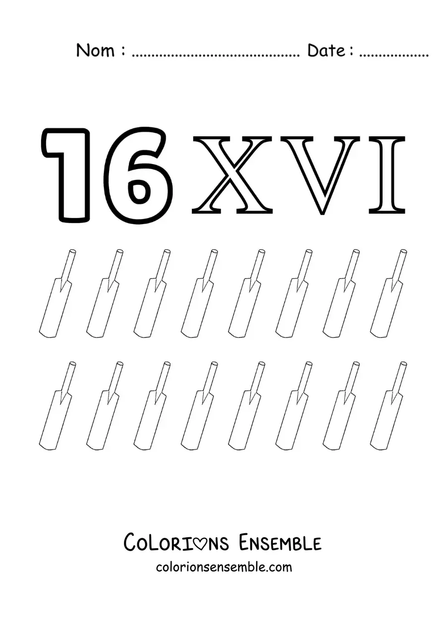 Image à colorier de la fiche du chiffre 16 en chiffres romains avec des dessins animés