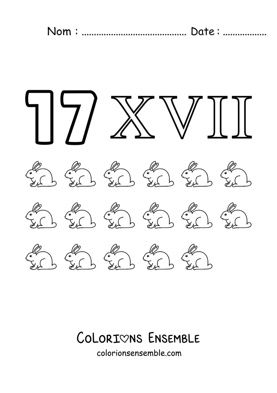 Image à colorier de la fiche du chiffre 17 en chiffres romains avec des dessins animés