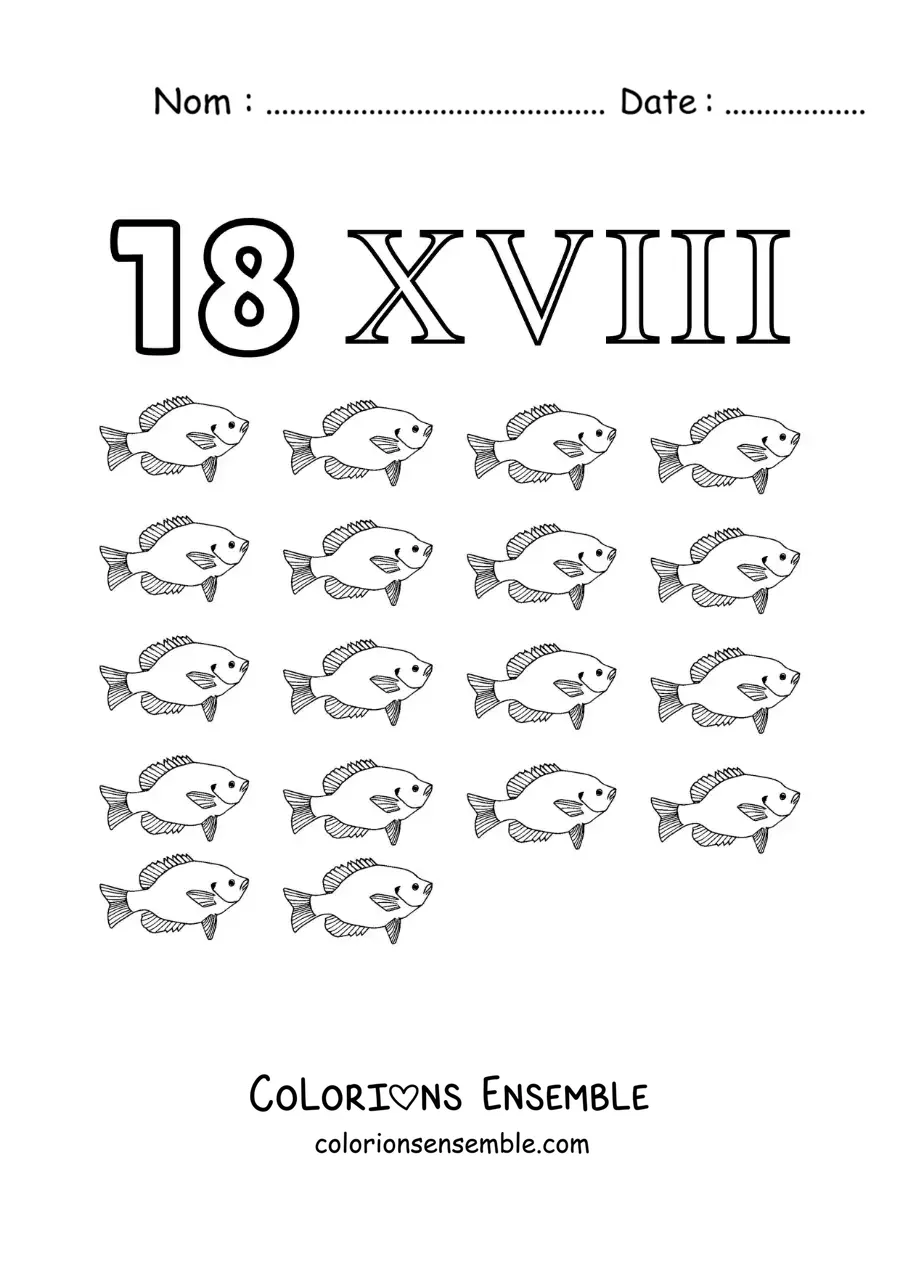 Image à colorier de la fiche du chiffre 18 en chiffres romains avec des dessins animés