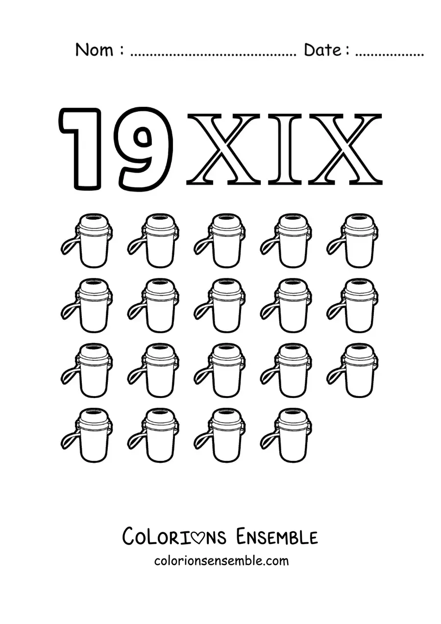 Image à colorier de la fiche du chiffre 19 en chiffres romains avec des dessins animés