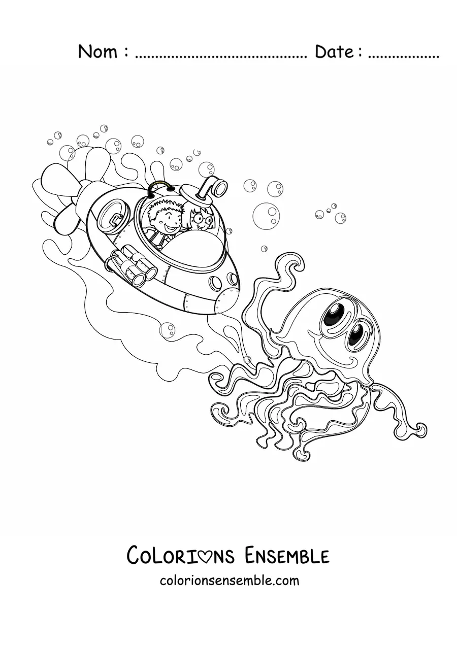 Image à colorier d'une pieuvre animée et de deux enfants dans un sous-marin