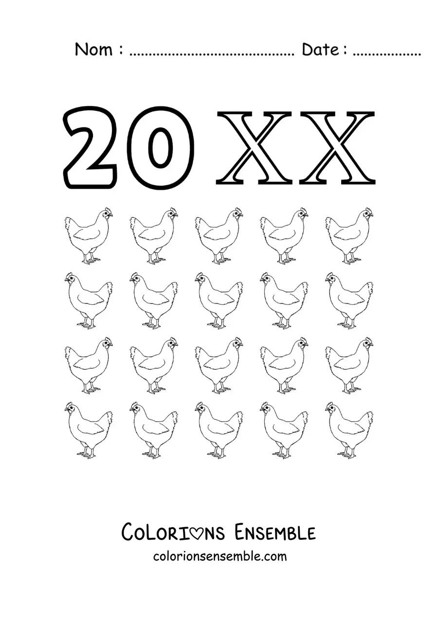 Image à colorier de la fiche du chiffre 20 en chiffres romains avec des dessins animés