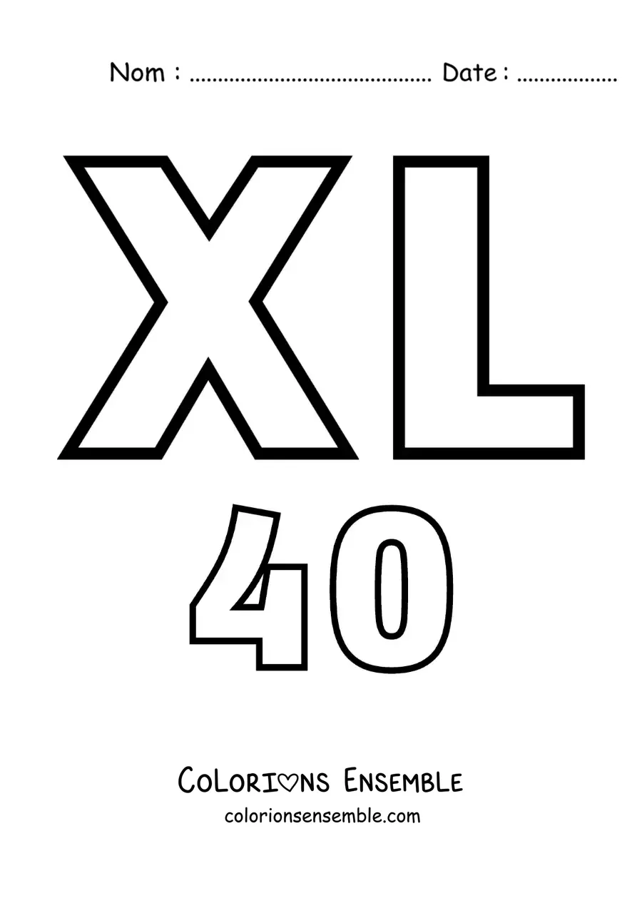 Image à colorier de la fiche du chiffre 40 en chiffres romains avec des dessins animés