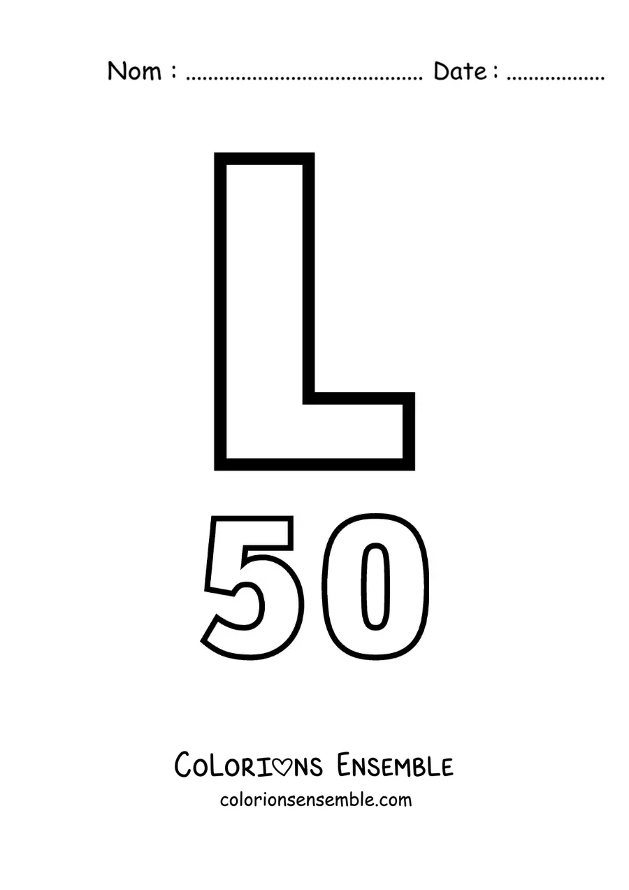 Image à colorier de la fiche du chiffre 50 en chiffres romains avec des dessins animés