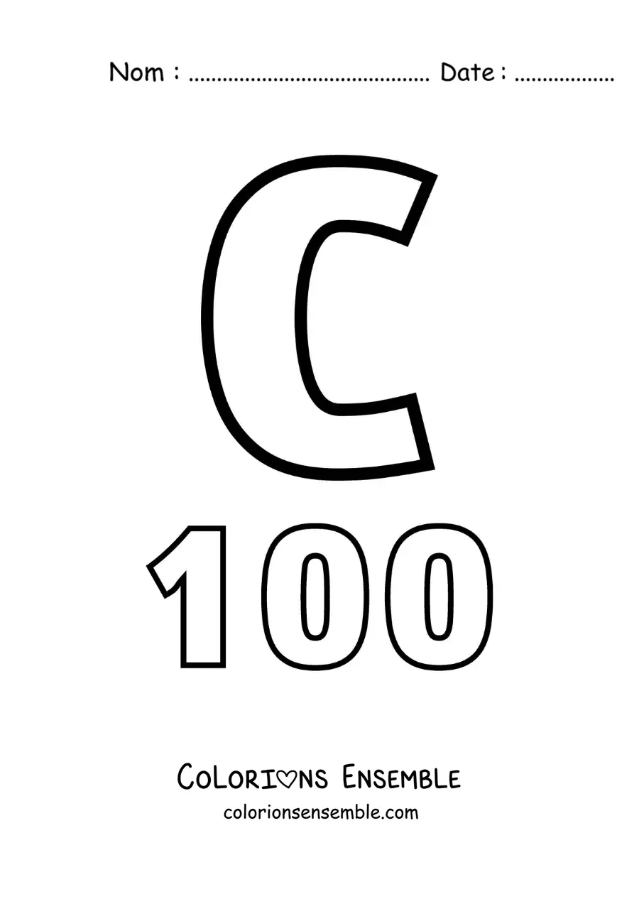 Image à colorier de la fiche du chiffre 100 en chiffres romains avec des dessins animés