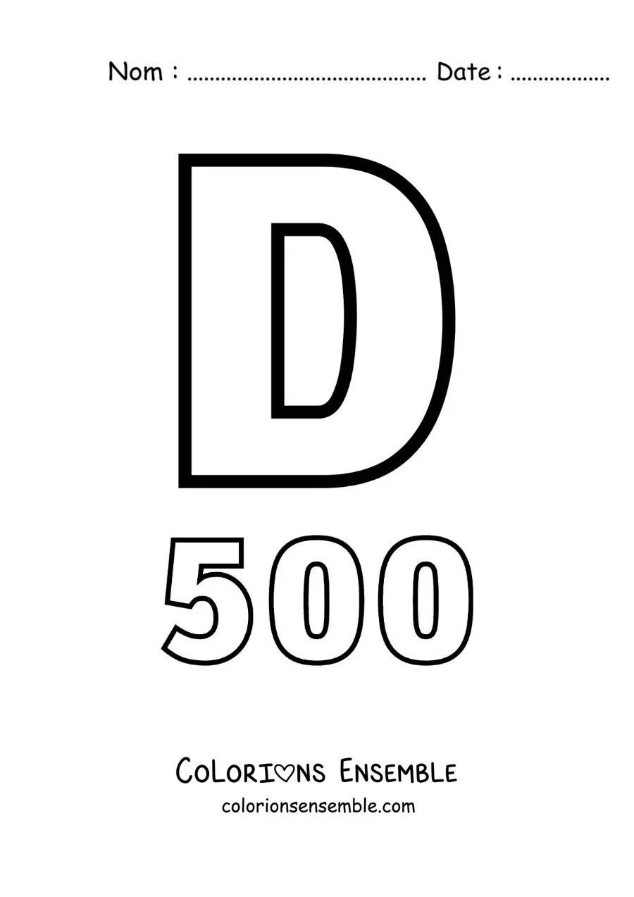 Image à colorier de la fiche du chiffre 500 en chiffres romains avec des dessins animés