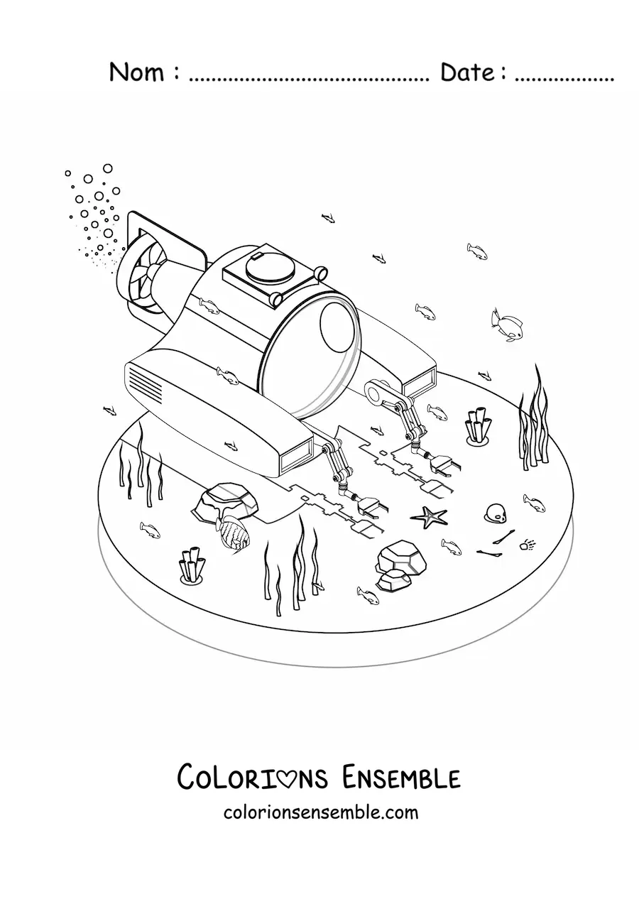 Image à colorier d'un sous-marin scientifique au fond de la mer, parmi les algues et les poissons