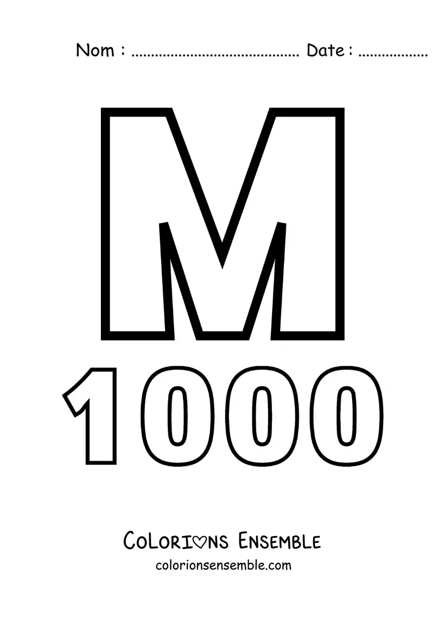 Image à colorier de la fiche du chiffre 1000 en chiffres romains avec des dessins animés