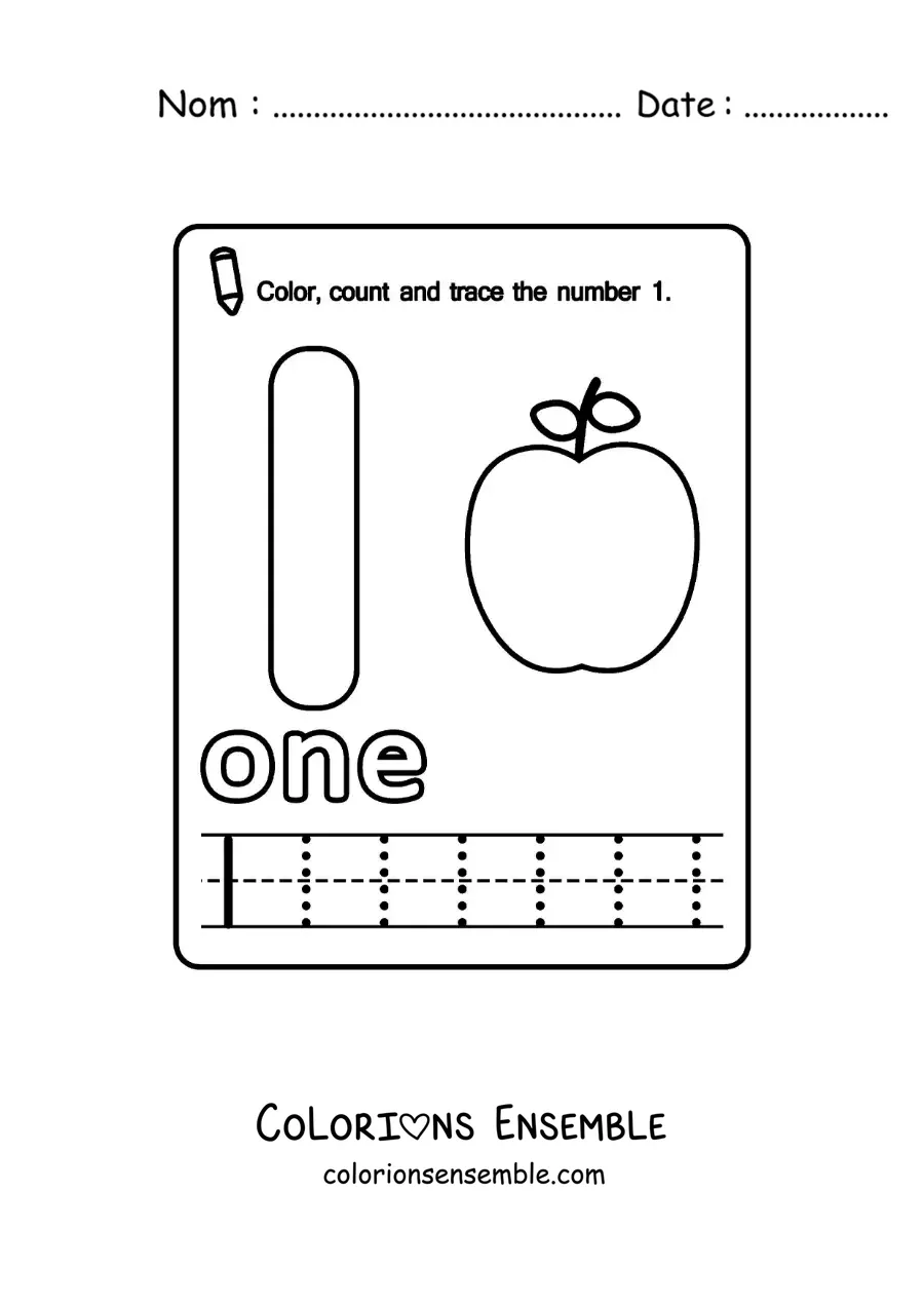 Image à colorier de la fiche pour apprendre le chiffre 1 en anglais avec des fruits