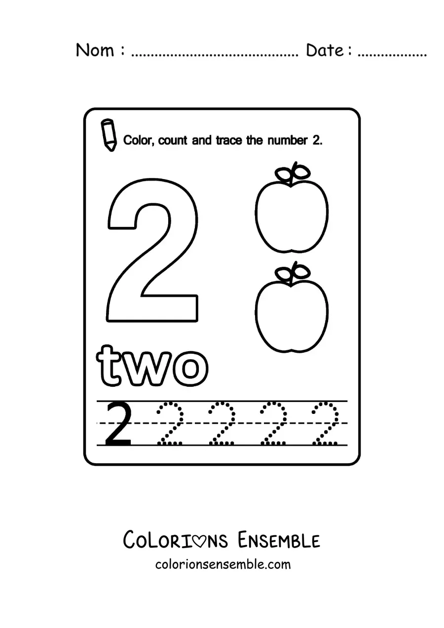 Image à colorier de la fiche pour apprendre le chiffre 2 en anglais avec des fruits