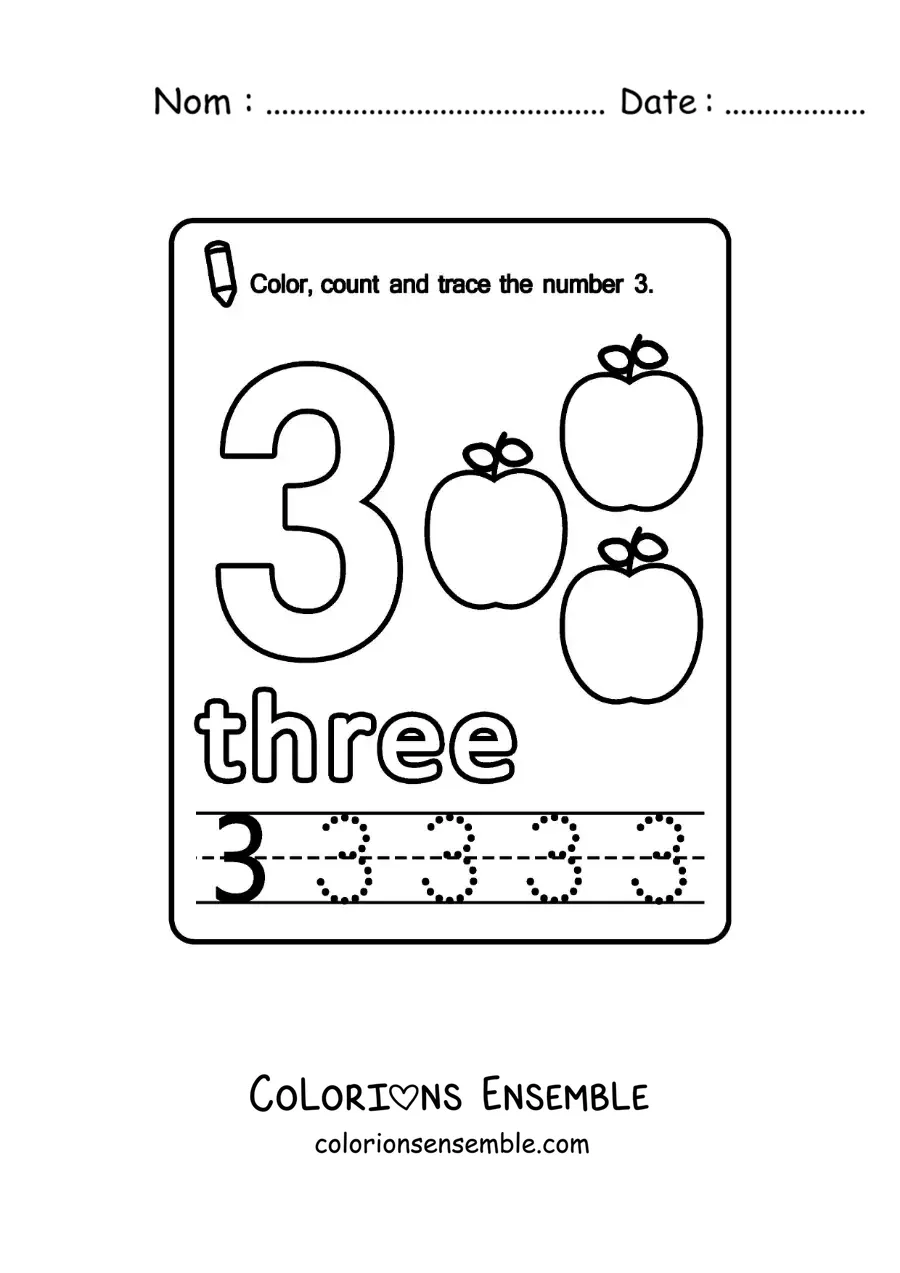 Image à colorier de la fiche pour apprendre le chiffre 3 en anglais avec des fruits