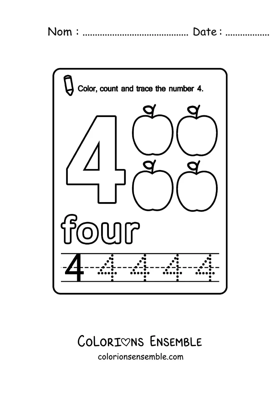 Image à colorier de la fiche pour apprendre le chiffre 4 en anglais avec des fruits