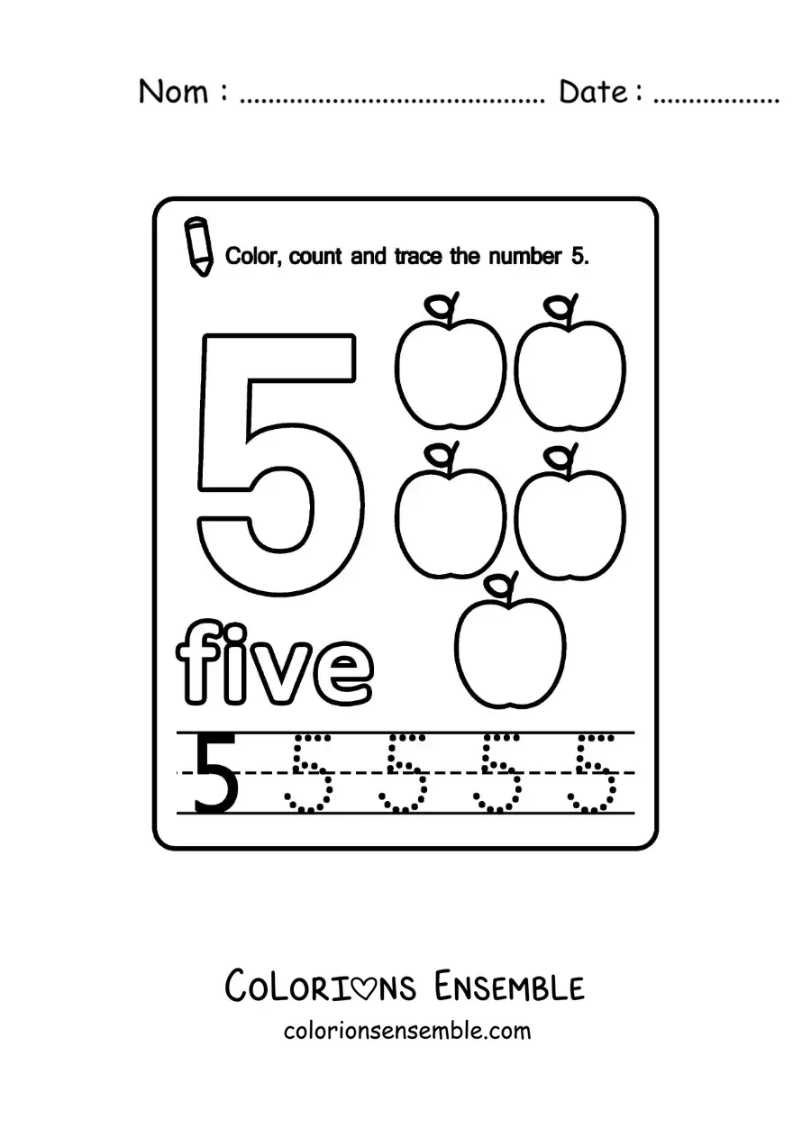 Image à colorier de la fiche pour apprendre le chiffre 5 en anglais avec des fruits