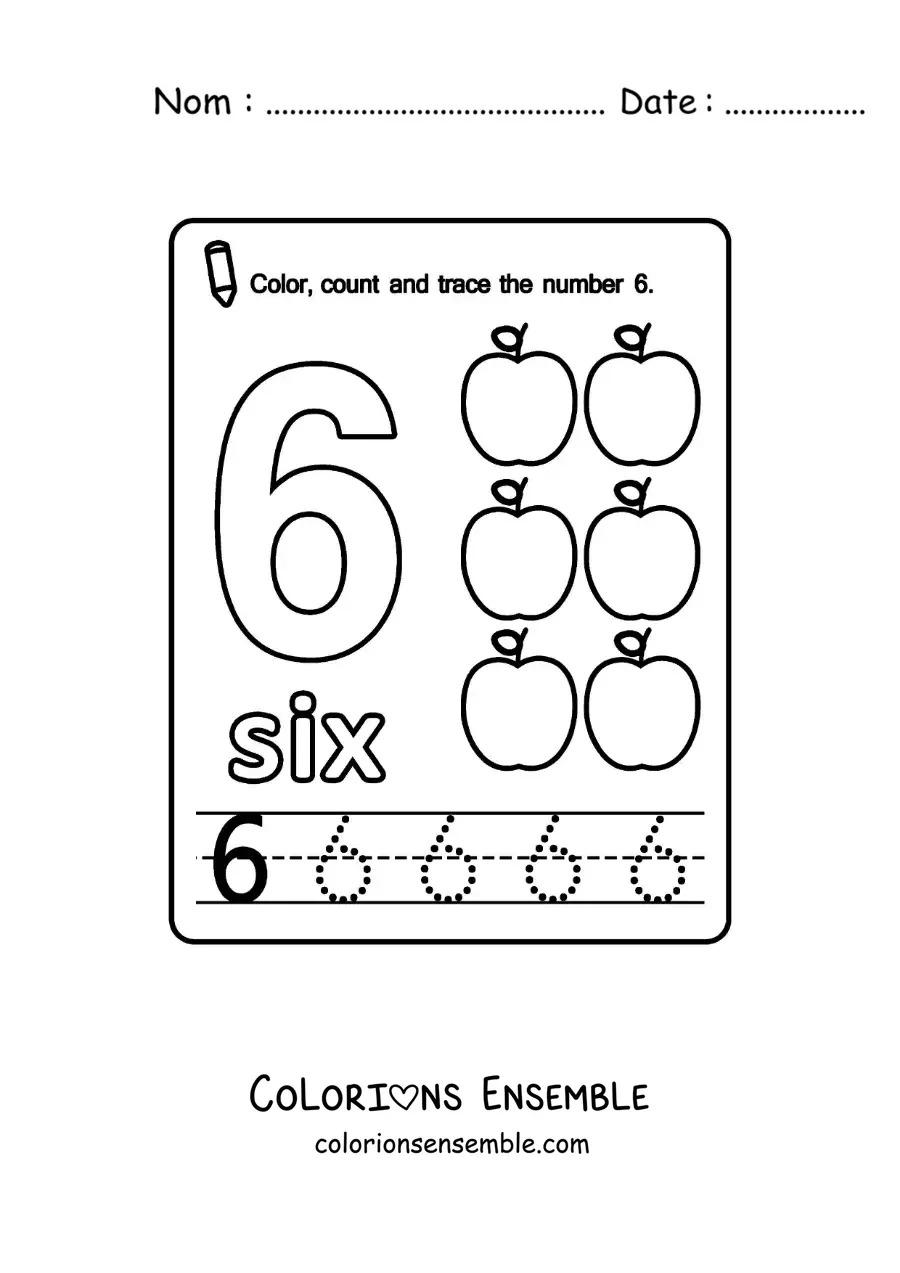 Image à colorier de la fiche pour apprendre le chiffre 6 en anglais avec des fruits