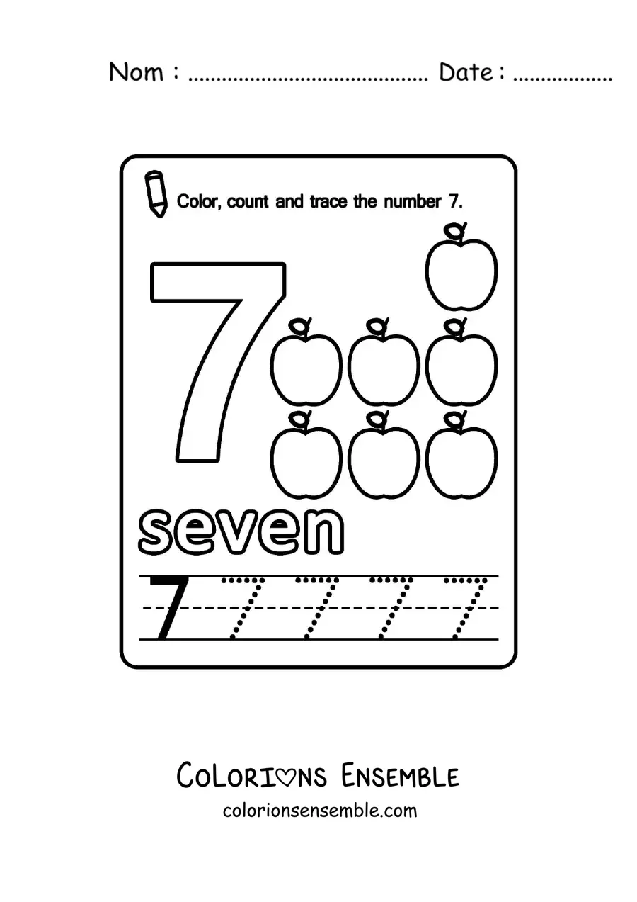 Image à colorier de la fiche pour apprendre le chiffre 7 en anglais avec des fruits