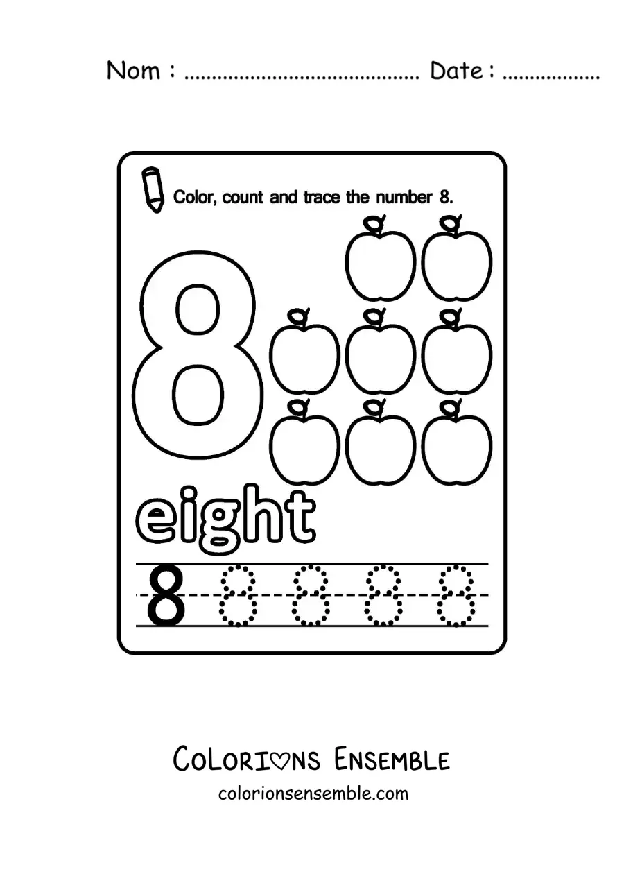 Image à colorier de la fiche pour apprendre le chiffre 8 en anglais avec des fruits