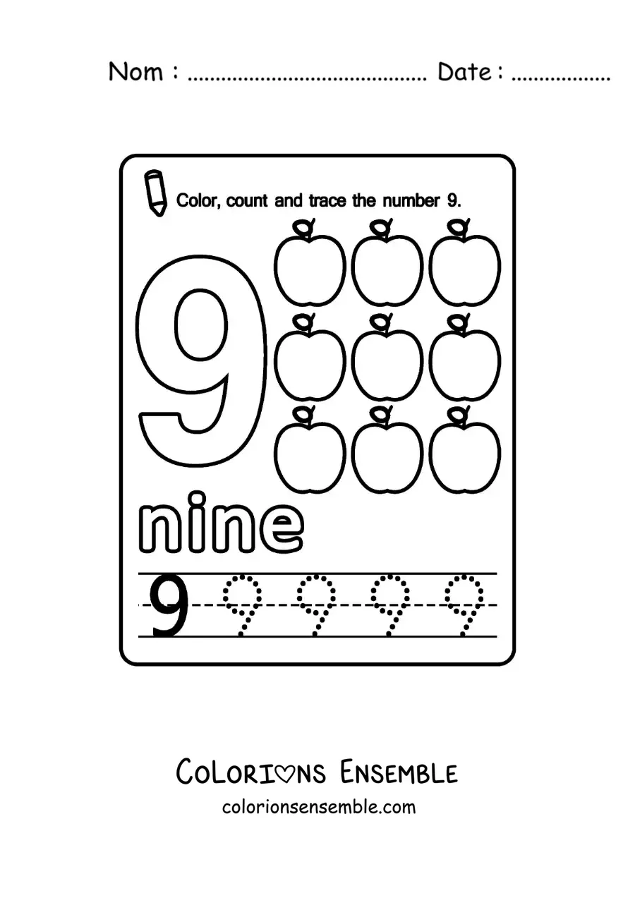 Image à colorier de la fiche pour apprendre le chiffre 9 en anglais avec des fruits