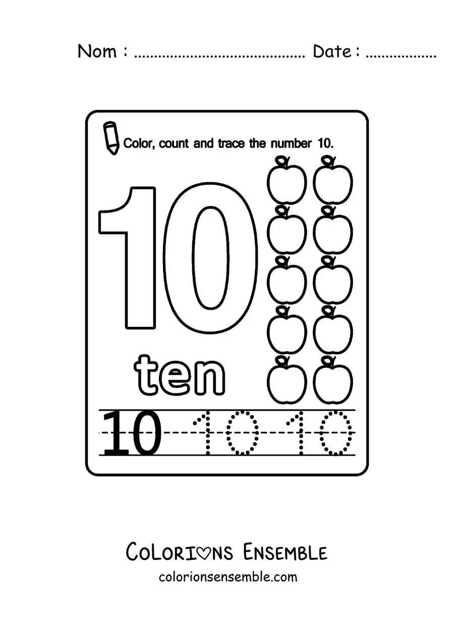 Image à colorier de la fiche pour apprendre le chiffre 10 en anglais avec des fruits