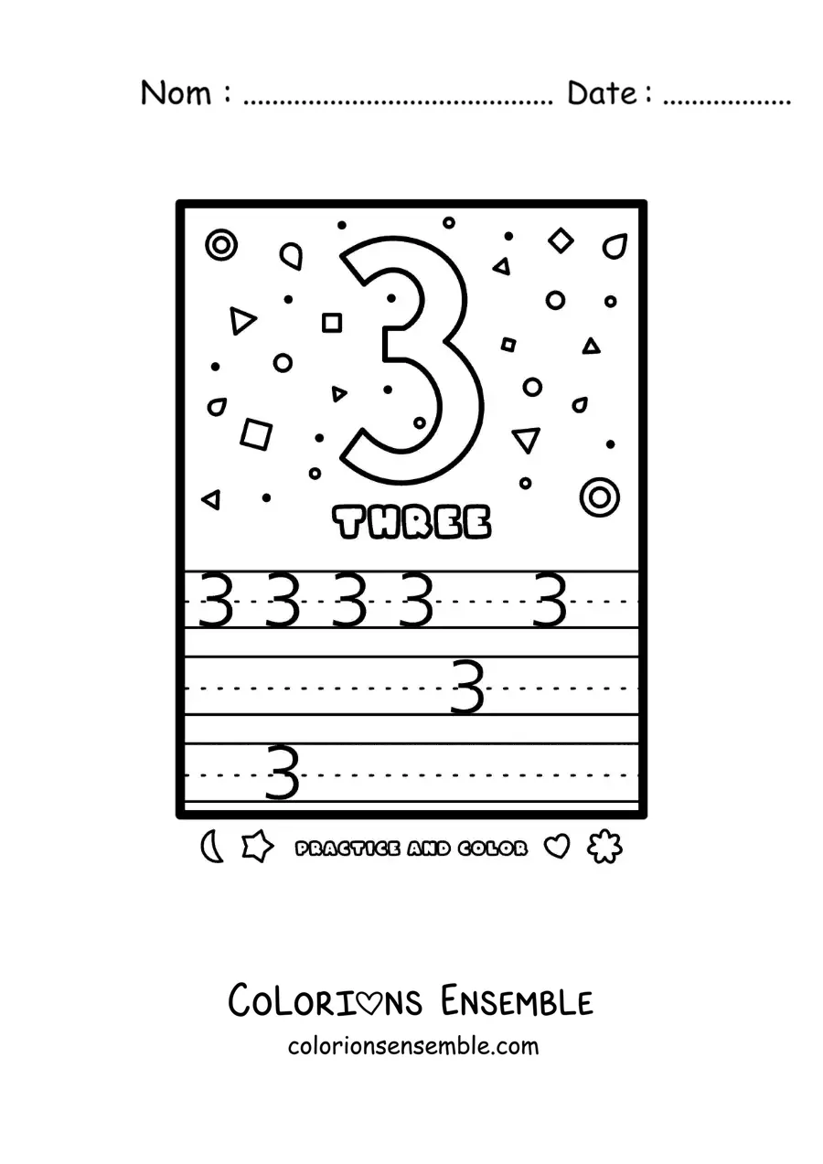 Image à colorier de l’activité pour apprendre le chiffre 3 en anglais