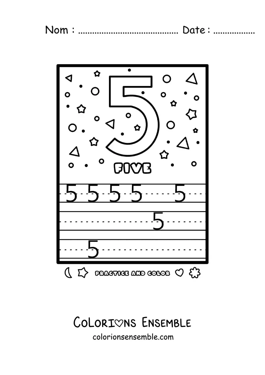 Image à colorier de l’activité pour apprendre le chiffre 5 en anglais