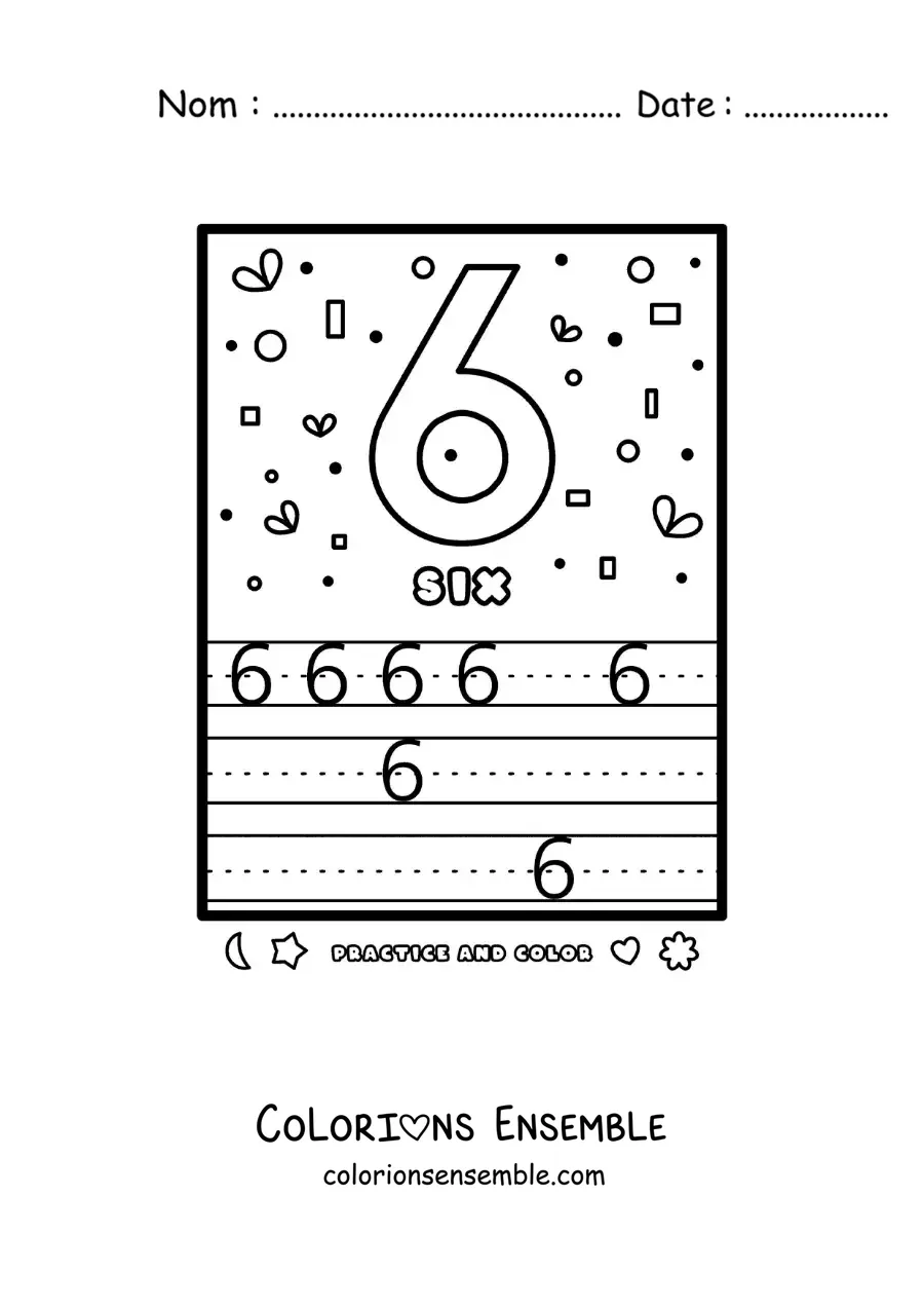 Image à colorier de l’activité pour apprendre le chiffre 6 en anglais