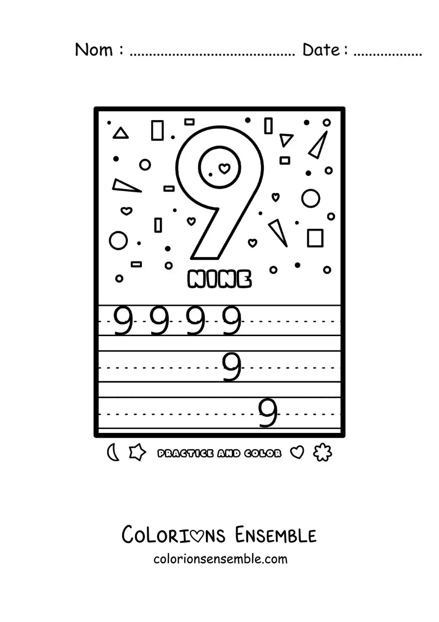 Image à colorier de l’activité pour apprendre le chiffre 9 en anglais