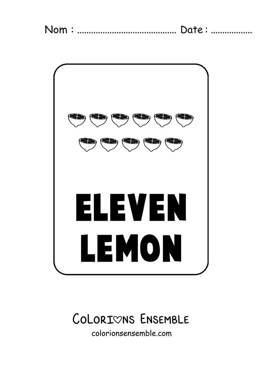 Image à colorier du chiffre 11 en anglais avec des fruits