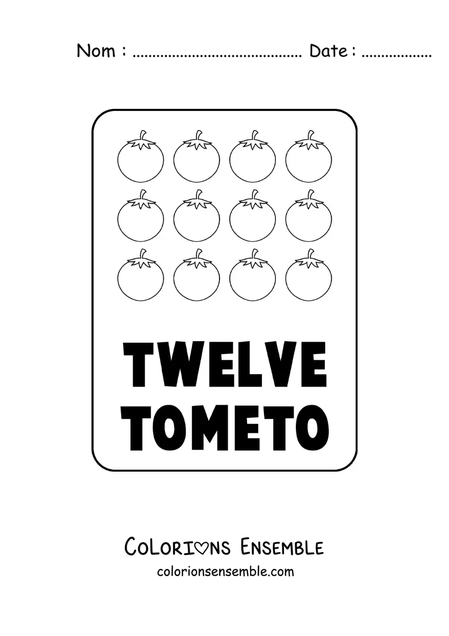 Image à colorier du chiffre 12 en anglais avec des fruits