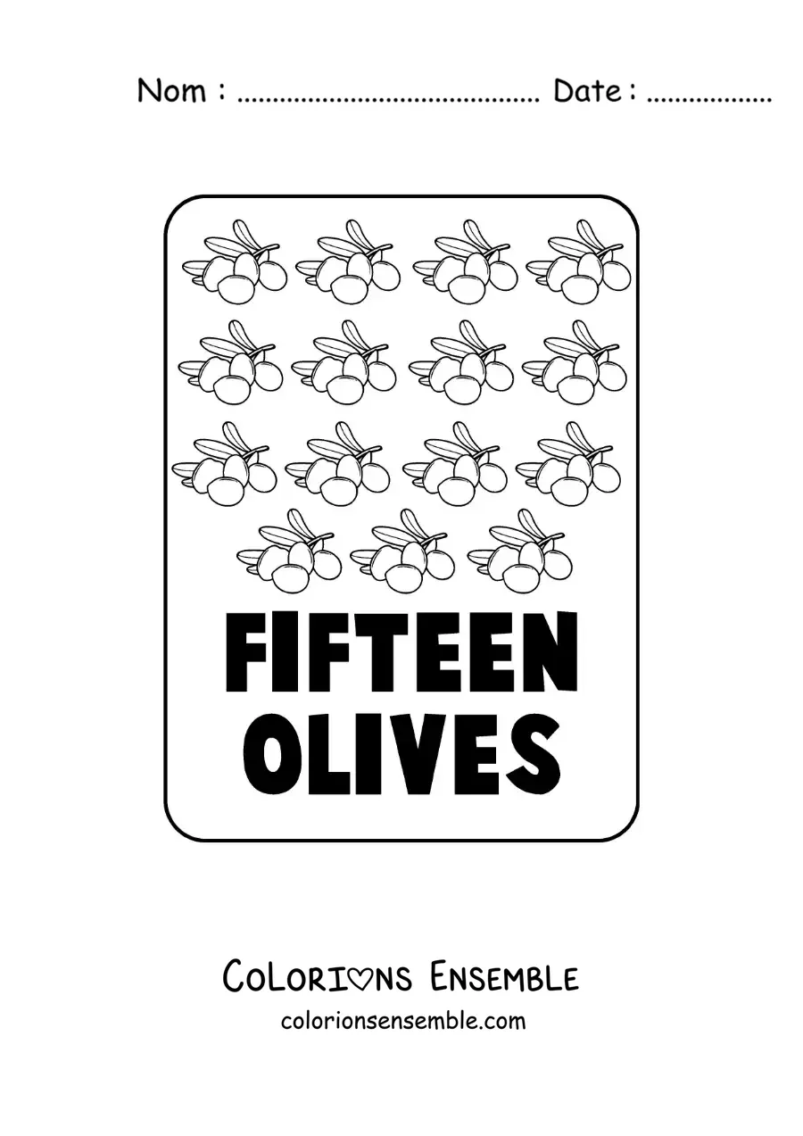 Image à colorier du chiffre 15 en anglais avec des fruits