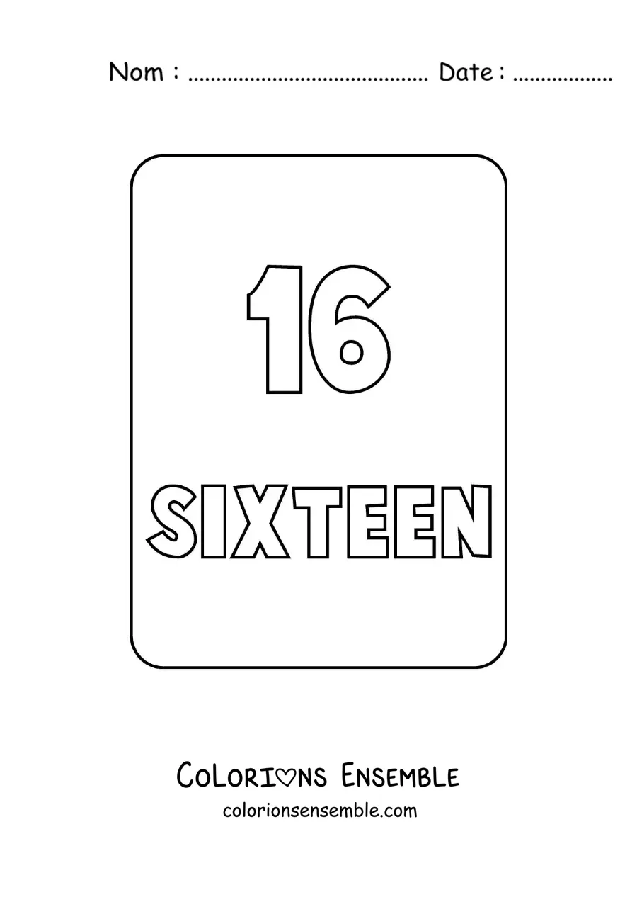 Image à colorier du chiffre 16 en anglais