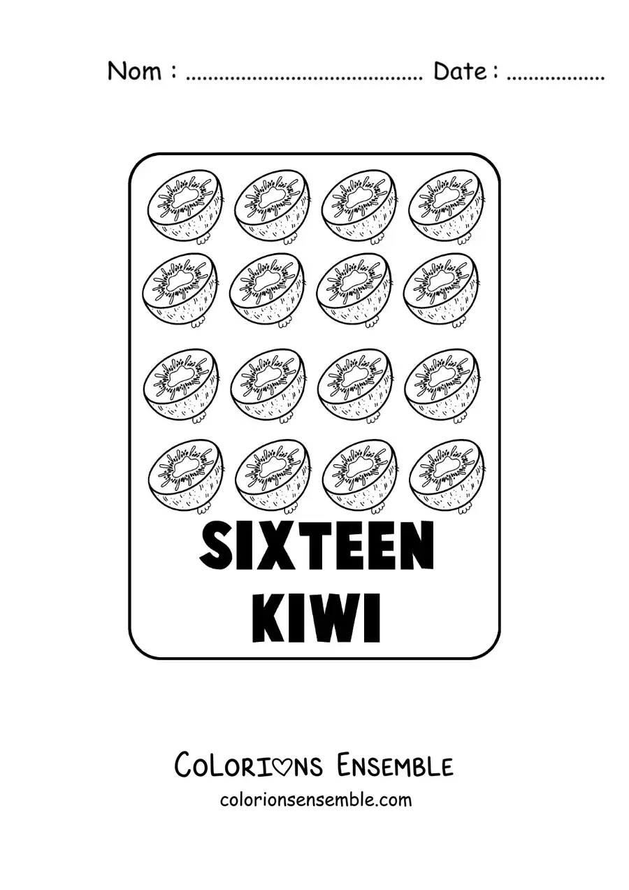 Image à colorier du chiffre 16 en anglais avec des fruits