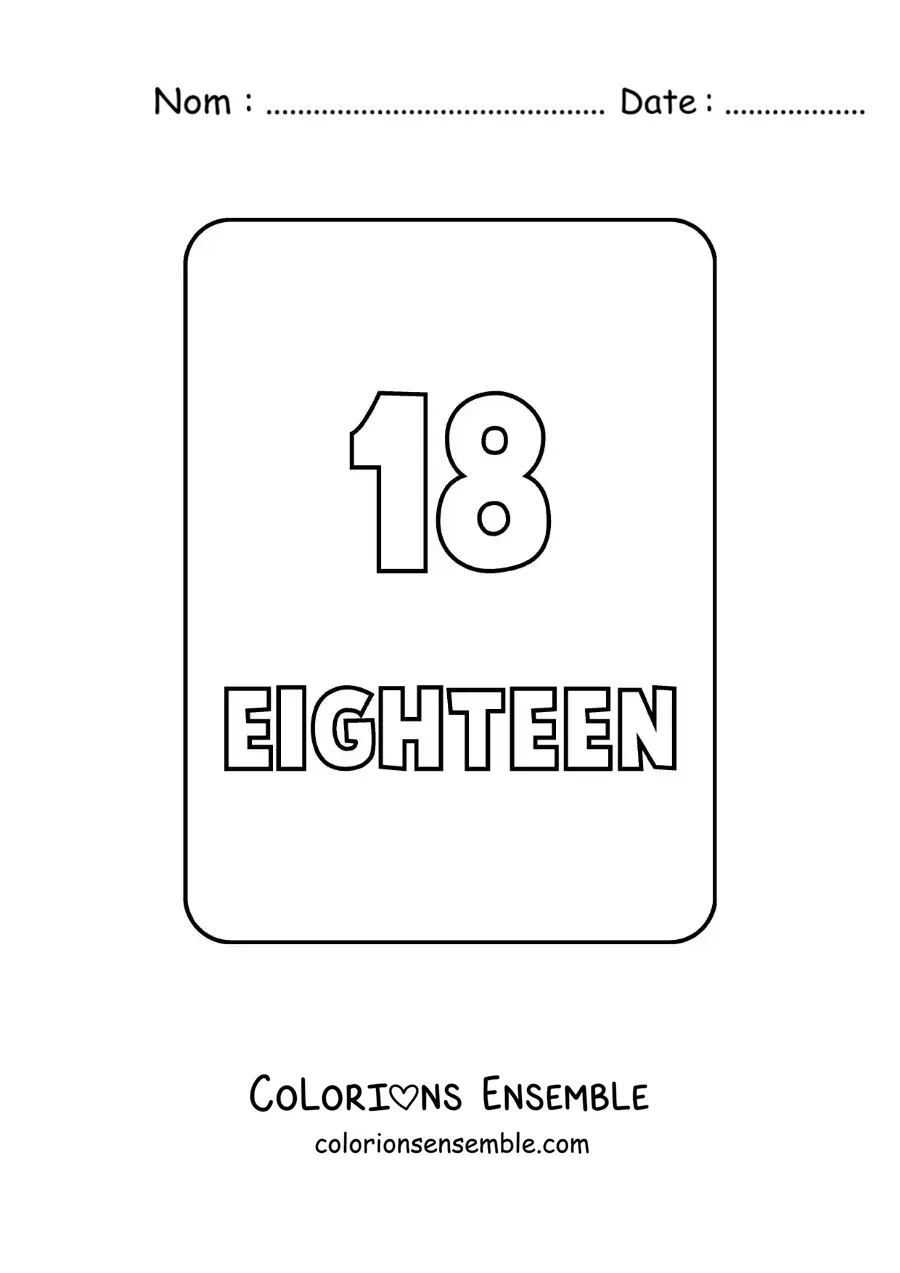 Image à colorier du chiffre 18 en anglais