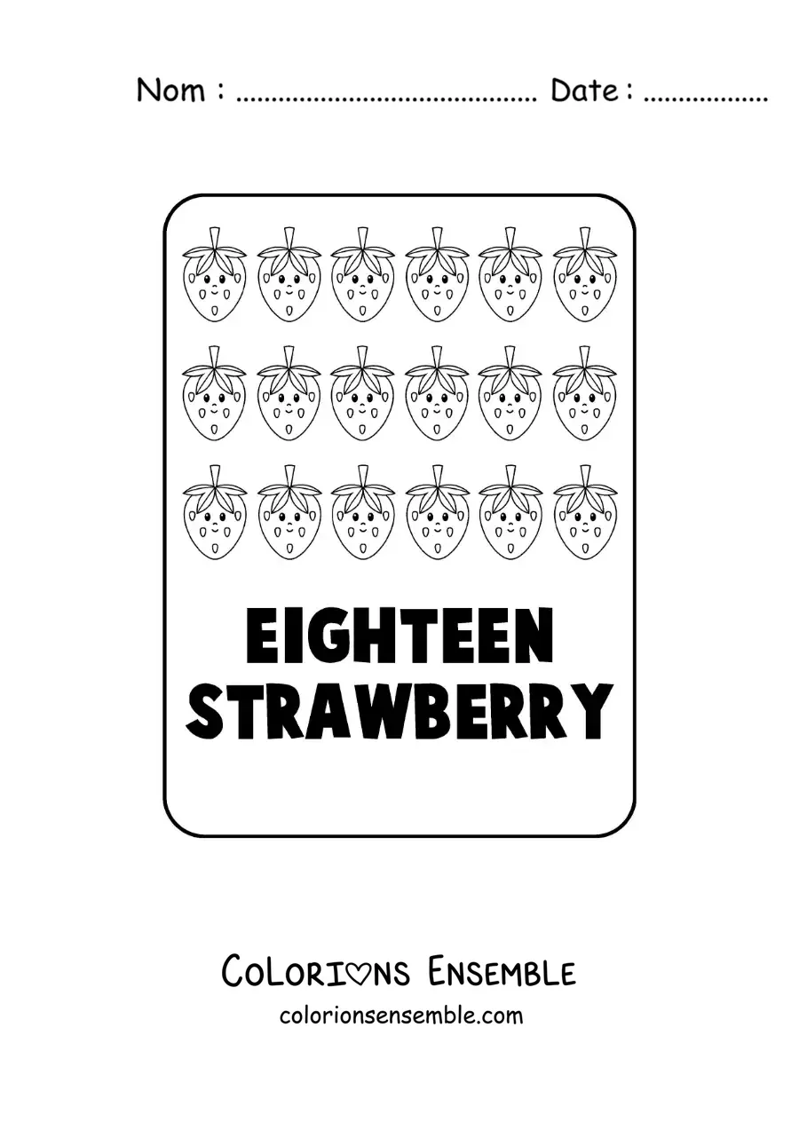 Image à colorier du chiffre 18 en anglais avec des fruits