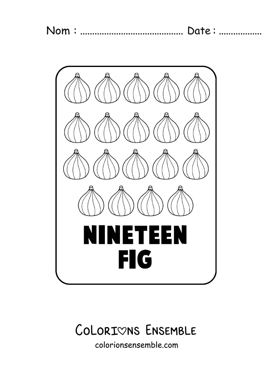 Image à colorier du chiffre 19 en anglais avec des fruits