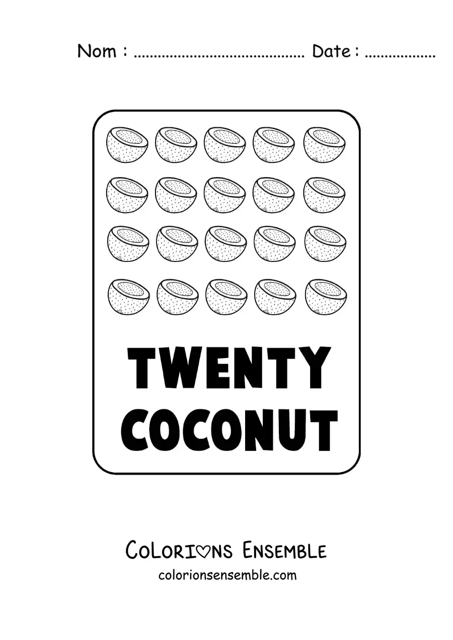 Image à colorier du nombre 20 en anglais avec des fruits