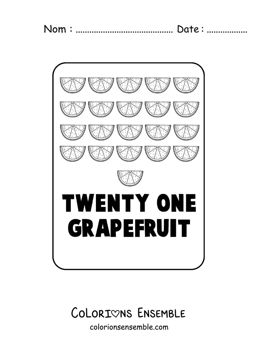 Image à colorier du nombre 21 en anglais avec des fruits