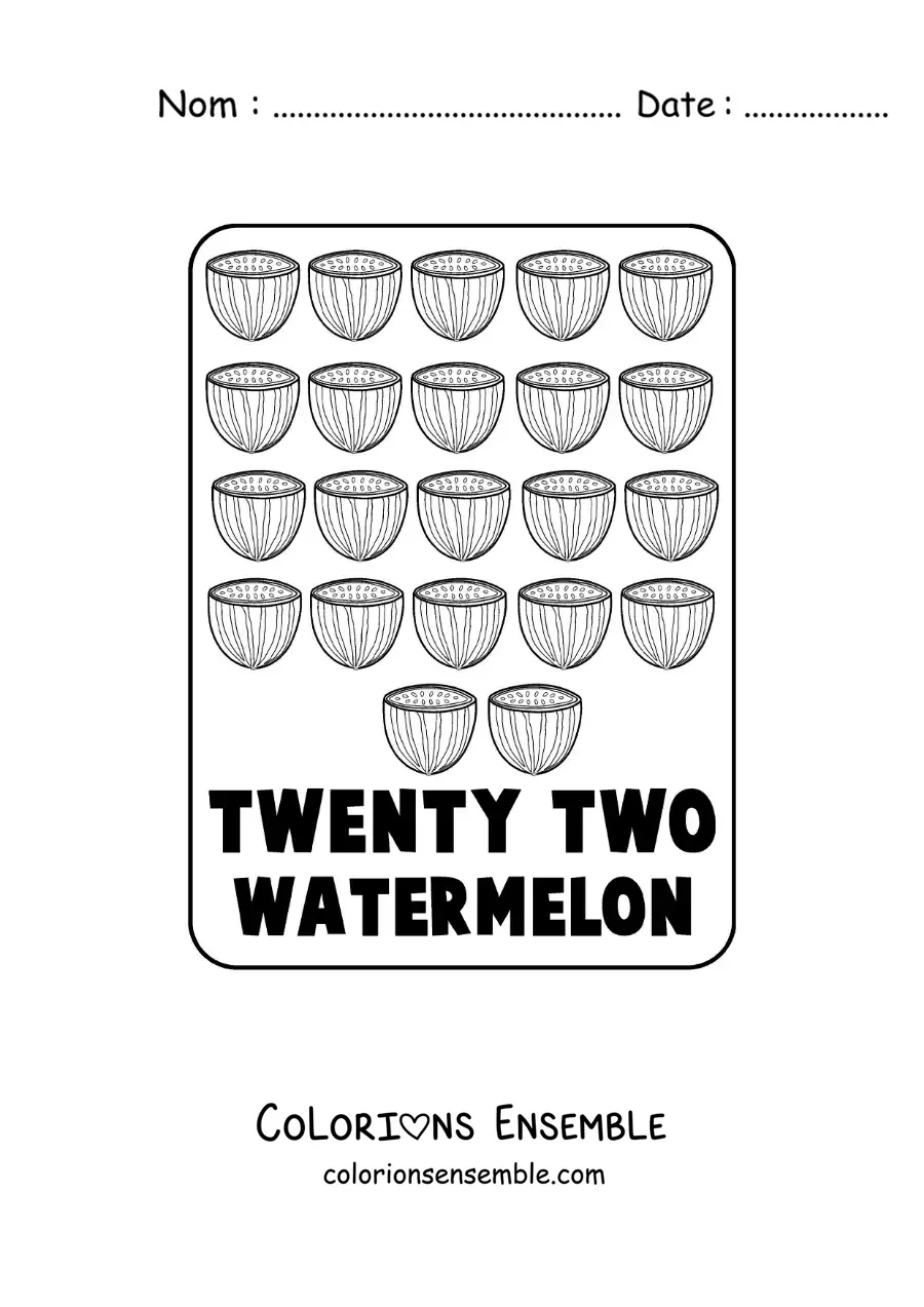 Image à colorier du nombre 22 en anglais avec des fruits