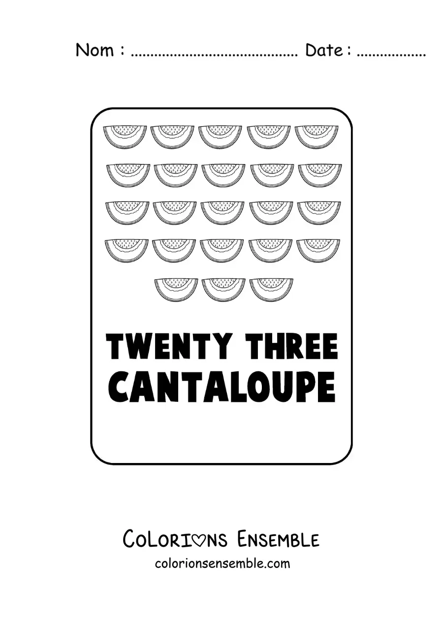 Image à colorier du nombre 23 en anglais avec des fruits