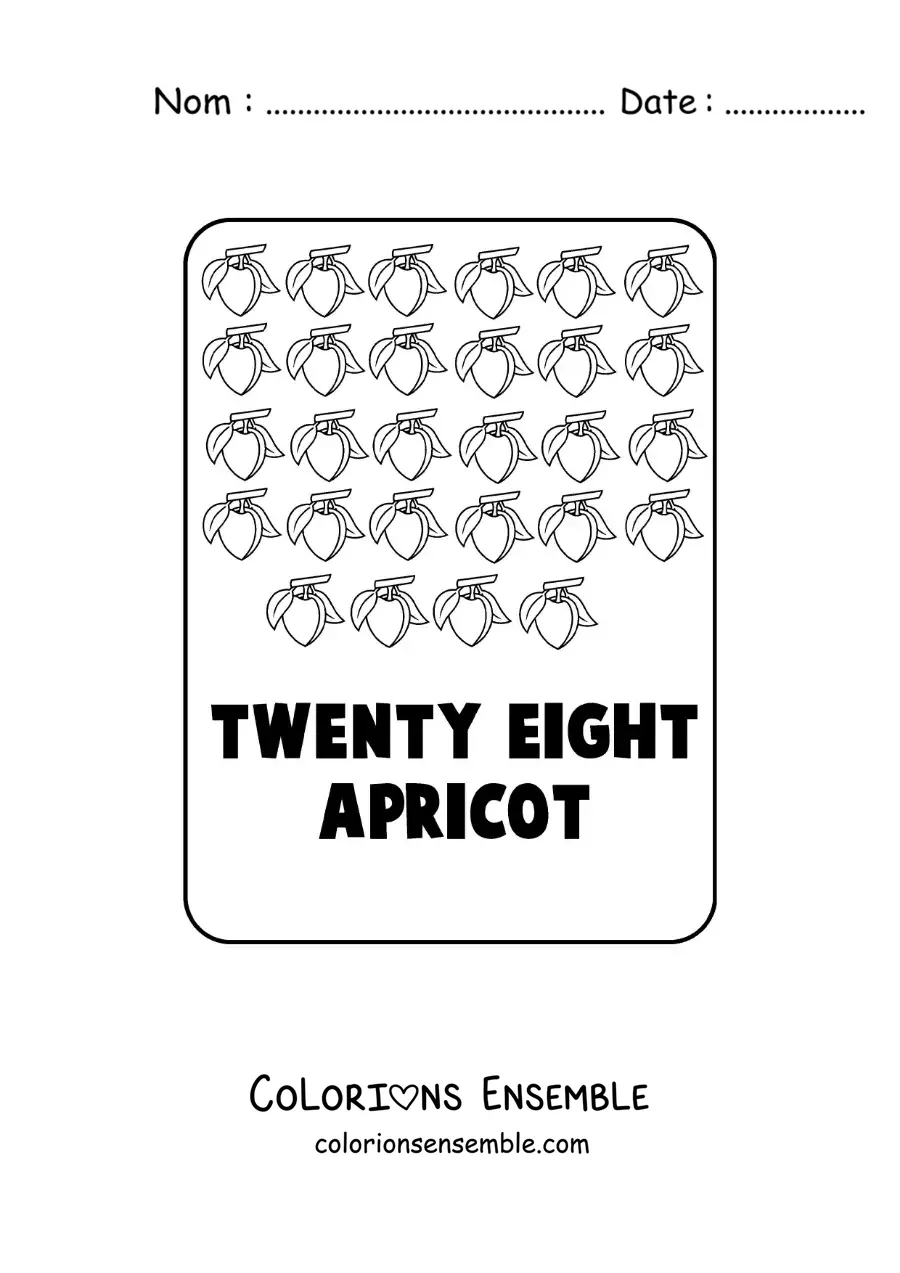 Image à colorier du nombre 28 en anglais avec des fruits
