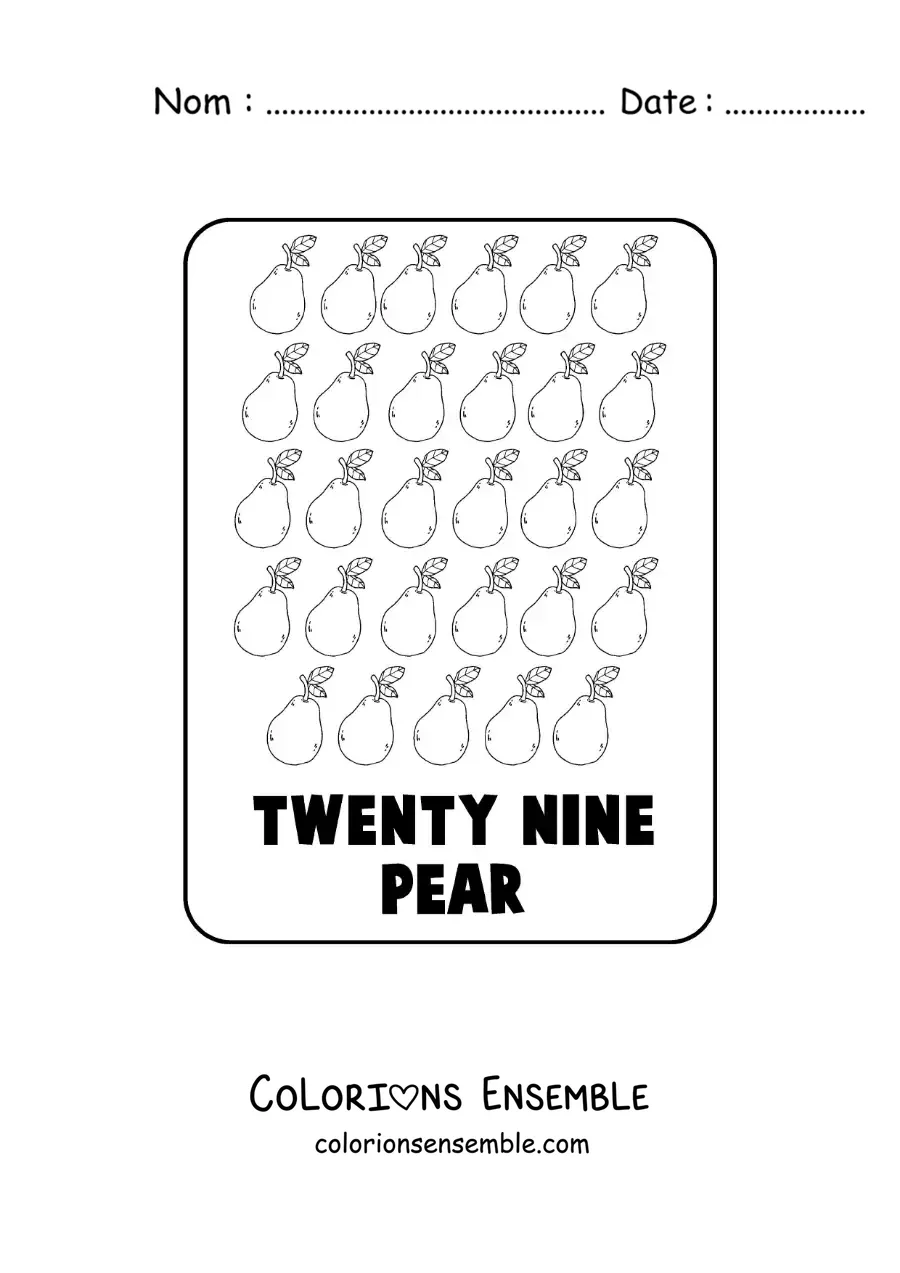 Image à colorier du nombre 29 en anglais avec des fruits