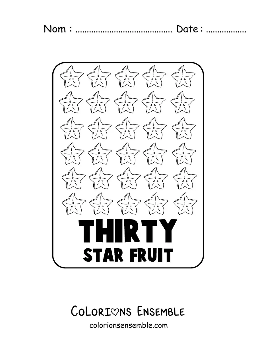 Image à colorier du nombre 30 en anglais avec des fruits