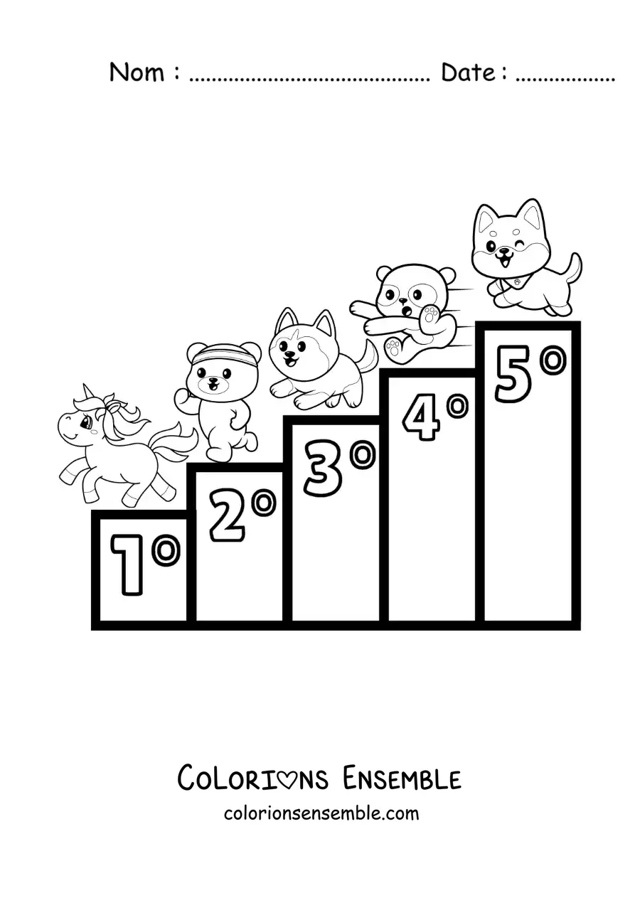 Image à colorier des nombres ordinaux de 1 à 5 pour les enfants avec des dessins animés